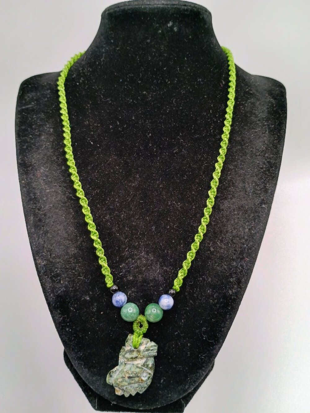 Green Macrame Necklace with Natural Carved Stone, Handwoven